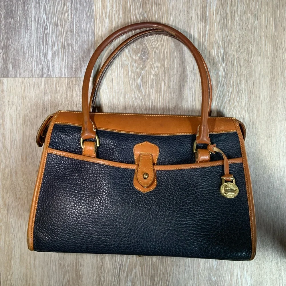 Dooney & Bourke Vintage Leather Satchel Navy Blue / Tan